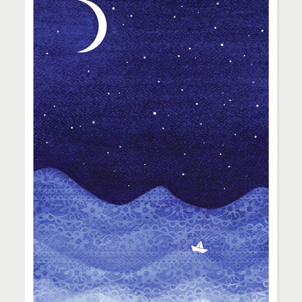 Print sailboat royal blue watercolor wall decor moon stars nursery illustration by VApinx