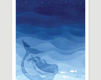 Mermaid print giclee print watercolor painting mermaid art nautical wall decor watercolour painting ocean art kids illustration blue print