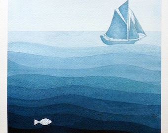 Print sailboat illustration, blue, watercolor painting, nautical nursery art by VApinx