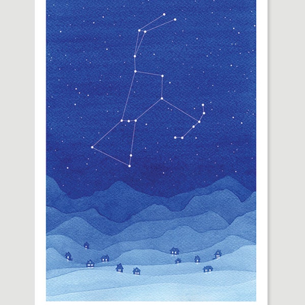 Watercolor painting Orion Constellation blue mountains giclee print village wall decor starry night sky home art by VApinx