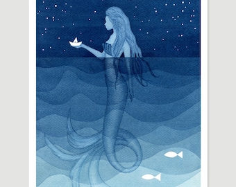 Mermaid with paper boat print watercolor painting