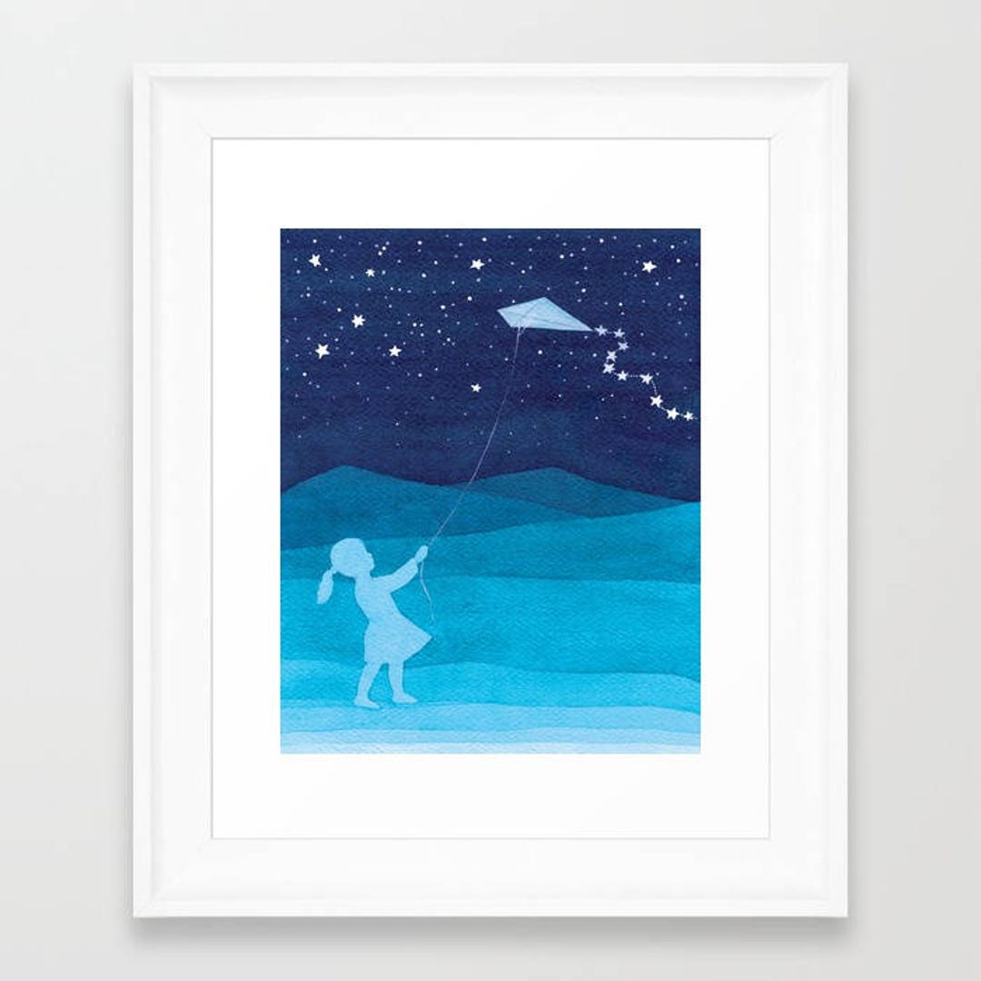 Girl & Kite Giclee Print Watercolor Painting Green Blue Starry Etsy