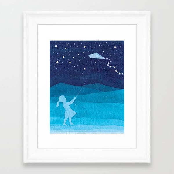 Girl & kite giclee print watercolor painting green blue starry night nursery art wall decor, kite illustration by VApinx