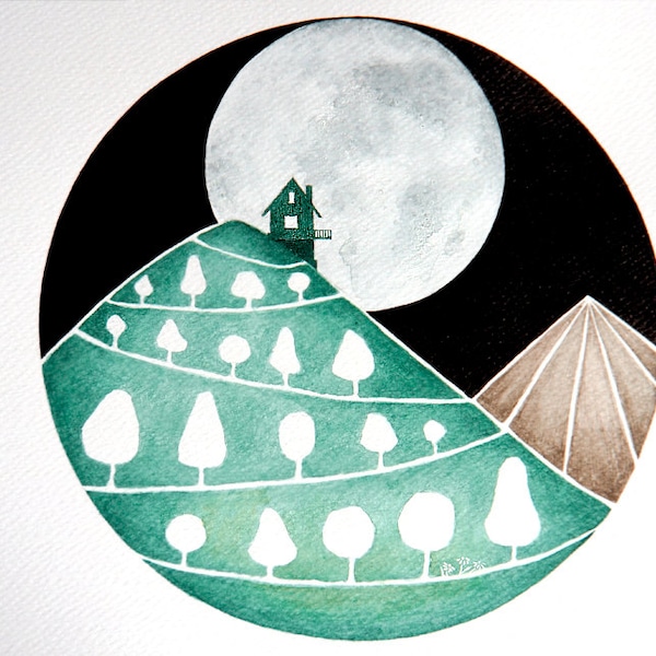 Watercolor painting giclee print whimsical night landscape with moon illustration circle wall art decor by VApinx