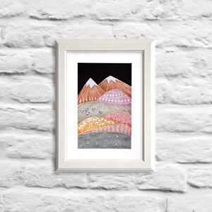 Watercolor painting Landscape painting Giclee Print mountains illustration whimsical mountains kids wall decor whimsical art sheep art image 2