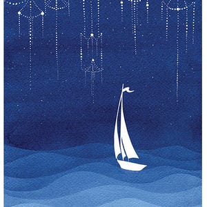 sailboat illustration, watercolor painting, stars print, nautical painting, stars print, nursery decor, blue illustration image 3