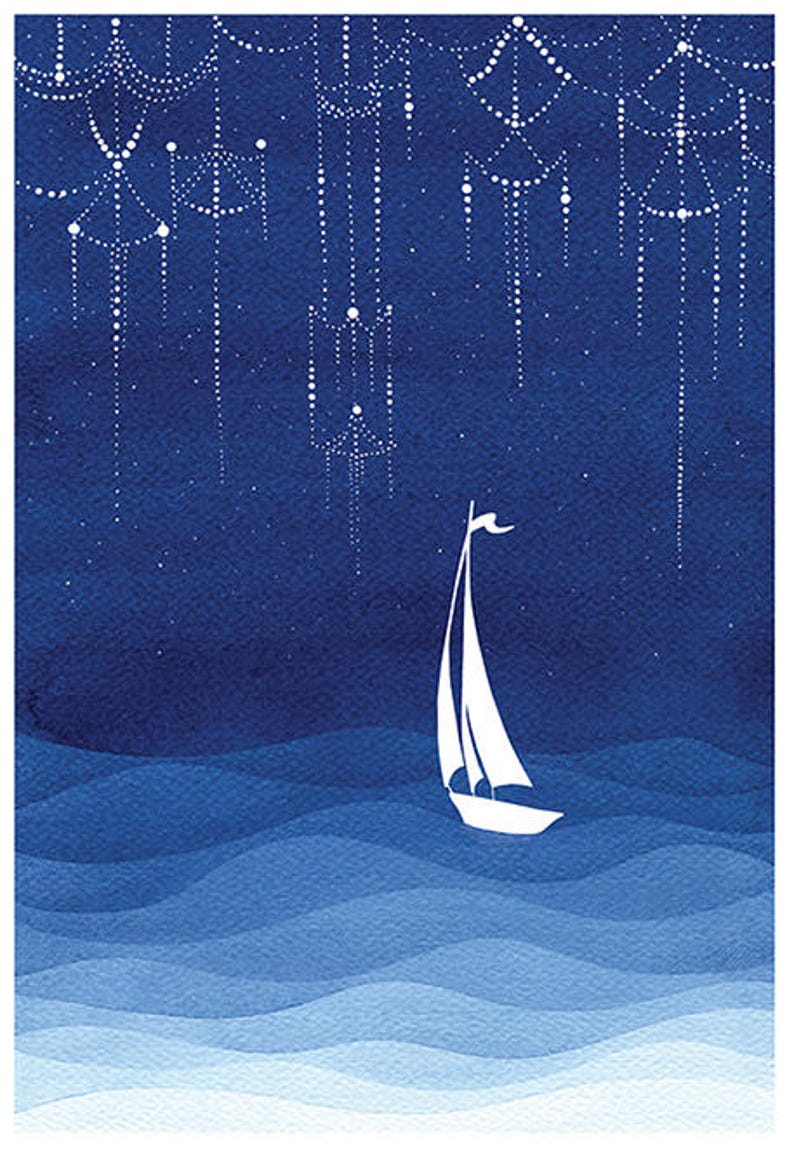 sailboat illustration, watercolor painting, stars print, nautical painting, stars print, nursery decor, blue illustration image 3