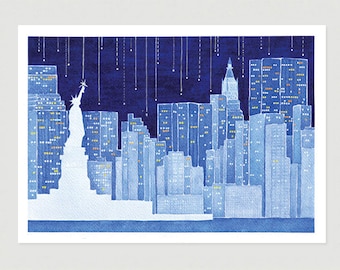 Watercolor painting New York Giclee print by night blue watercolor painting NY skyline wall decor illustration by Vapinx