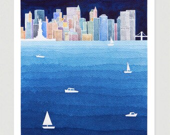 NYC watercolor painting New York City art giclee print NYC skyline art New York print New York painting skyline painting city art by VApinx