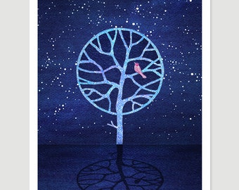 Tree watercolor print night blue painting bird