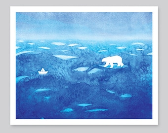 Polar bear print, arctic bear illustration, nursery art, blue watercolor painting, bear watercolor, polar cear painting, nursery watercolor