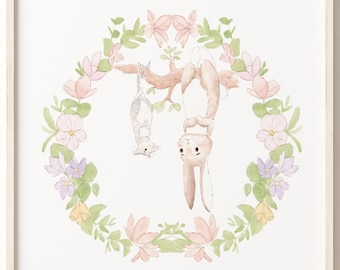 Floral Kaninchen Kinderzimmer Kunst: Waldtier Druck (Digitaler Download)