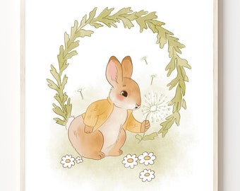 Bunny Nursery Art Print: Rabbit with Dandelion (Digital Download)