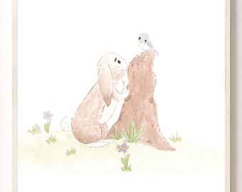 Bunny and Bird Nursery Print: Woodland Whimsical Art (Digital Download)