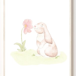 Bunny Smelling Flower Print: Woodland Nursery Decor (Digital Download)
