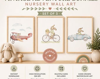 Vintage Adventure Bunnies Nursery Wall Art Set of 3 Printable | Watercolor Bunny Decor | Woodland Nursery Prints | Baby Room Wall Decor