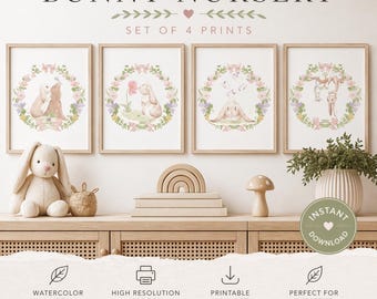 Lot de 4 oeuvres d'art mural pour chambre de bébé lapin, décoration neutre pour chambre de bébé, impressions d'animaux de la forêt, impression pour chambre de bébé beige, art pour chambre de bébé lapin, chambre fille garçon