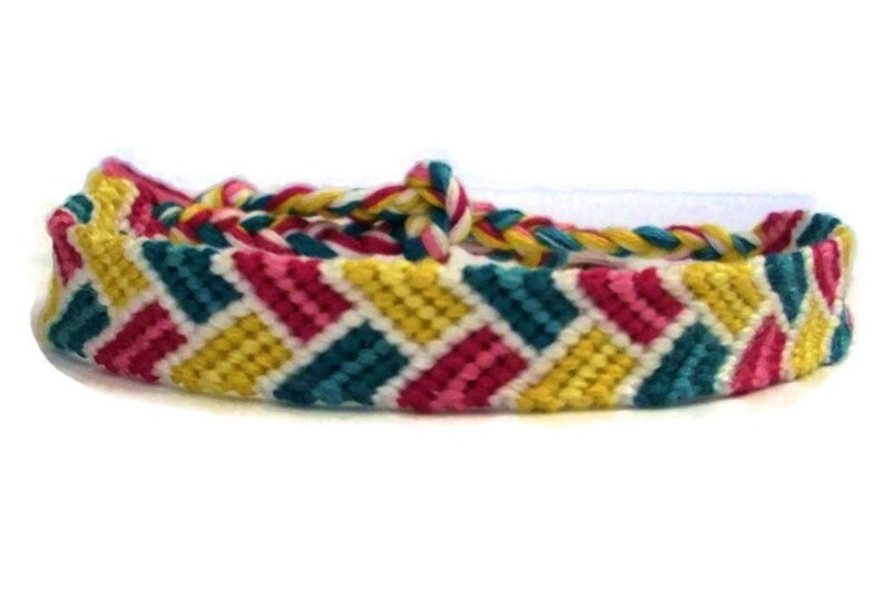 Pink, Yellow, Teal and White Bordered Braid Pattern Embroidery Macrame Friendship Bracelet, Spring Friendship Bracelet image 2