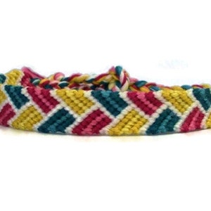 Pink, Yellow, Teal and White Bordered Braid Pattern Embroidery Macrame Friendship Bracelet, Spring Friendship Bracelet image 1