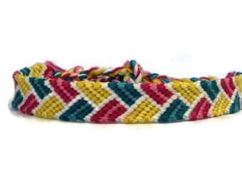 Pink, Yellow, Teal and White Bordered Braid Pattern Embroidery Macrame Friendship Bracelet, Spring Friendship Bracelet