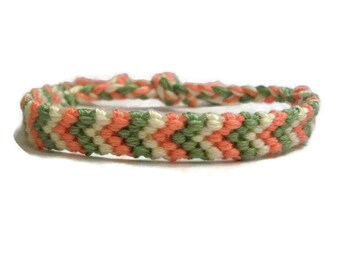 Peach, Green and Off White Chevron Pattern Embroidery Macrame Friendship Bracelet