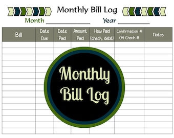 Monthly Bill Log Printable, Bill Payment Tracker, PDF