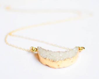 Gold Crescent Moon Necklace/Druzy Pendant/White and Gold Boho Half Moon Sparkly Geode Necklace/Minimalist Everyday Jewelry/Gift for Women