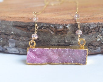 Druzy Bar Necklace, Pink Druzy Necklace, Gold Bar Necklace, Chunky Necklace, Gold Statement Necklace, Beaded Chain Necklace, Druzy Agate