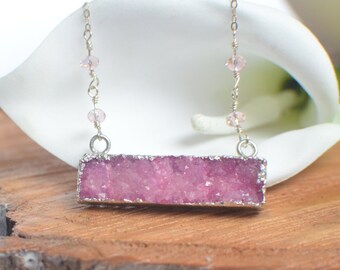 Druzy Bar Necklace, Pink Druzy Necklace, Silver Bar Necklace, Chunky Necklace, Silver Statement Necklace, Beaded Chain Necklace, Druzy Agate