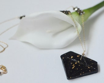 Ceramic Pendant Necklace, Art Deco Jewelry, Black and Gold Necklace