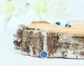 Tiny Silver Necklace, Sparkly Pendant, Druzy Jewelry, Layering Necklace Silver, Christmas Gift for Her, Small Druzy Necklace,Blue and Silver