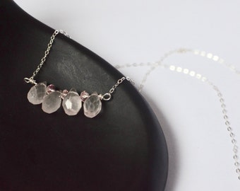 Rose Quartz Necklace, Bridal Necklace, Pink Gemstone Necklace, Rose Quartz Jewelry, Minimalist Tear Drop Crystal Necklace, Gift for Her