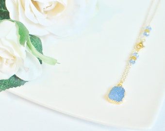 Blue Druzy Necklace, Layering Necklace Gold, Christmas Gift for Her