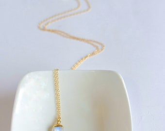 Rainbow Moonstone Necklace, White and Gold Jewelry, June Birthstone Necklace