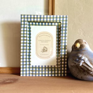 Fabric Wrapped 5 x 7 Picture Frame matted for a 4x6 photo,  gender neutral baby gift, upholstered Indian handblocked gingham picture frame