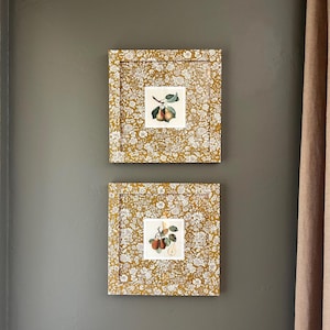 Pair of square fabric wrapped frames with vintage pear illustrations, 8” x 8” square framed kitchen fruit art, matching set of art