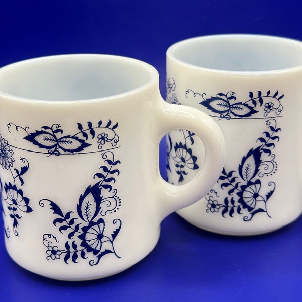 Vintage Hazel Atlas Milk Glass Mugs with Blue Floral Pattern - 8 oz.