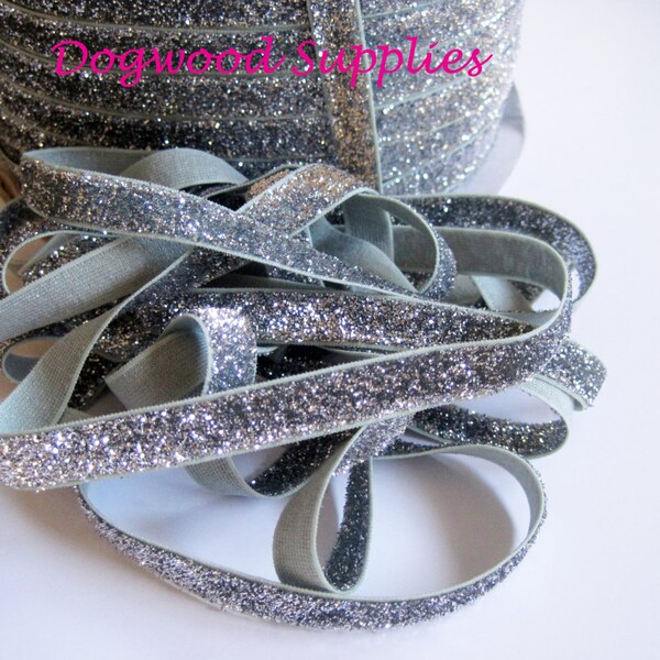 5 Yards 3/8 inch Silver Glitter Elastic, Elastic by the Yard, Glitter Elastic, Silver Elastic, Silver Glitter Elastic