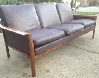 Danish Hans Olsen Rosewood Leather three Seater Sofa