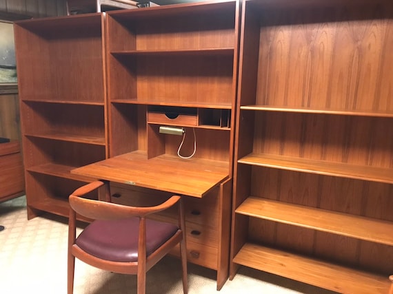 Danish Modern Vintage Teak Bookcase Desk Wallunit Hans Wegner Etsy