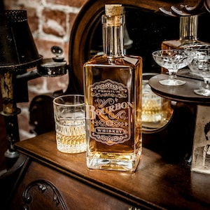 Etched Glass Decanter, Inspired by Victorian era drinking elixirs, makes Great Bar Cart Decor, Square with wooden stopper.