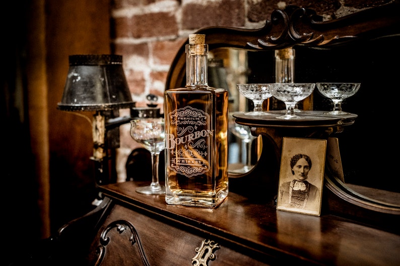 Etched Glass Decanter, Inspired by Victorian era drinking elixirs, makes Great Bar Cart Decor, Square with wooden stopper. image 3