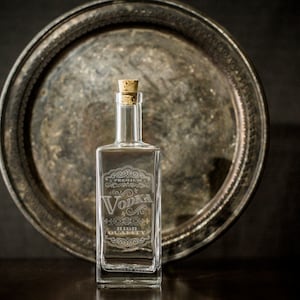 Etched Glass Decanter, Inspired by Victorian era drinking elixirs, makes Great Bar Cart Decor, Square with wooden stopper. image 6