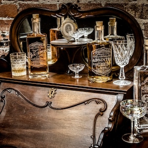 Etched Glass Decanter, Inspired by Victorian era drinking elixirs, makes Great Bar Cart Decor, Square with wooden stopper. image 2