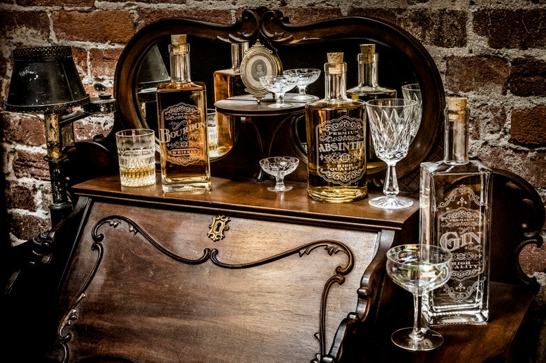 Etched Glass Decanter, Inspired by Victorian era drinking elixirs, makes Great Bar Cart Decor, Square with wooden stopper. image 2