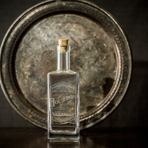 Etched Glass Decanter, Inspired by Victorian era drinking elixirs, makes Great Bar Cart Decor, Square with wooden stopper. image 8