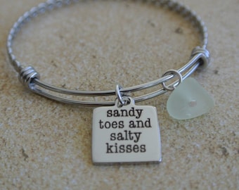 Braided Stainless Steel Bangle with a "Sandy Toes and Salty Kisses" charm and a sea glass nugget