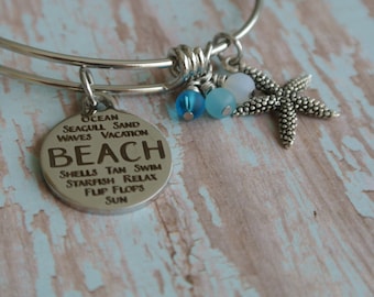 Beach // beach bracelet // adjustable stainless steel bangle bracelet // sea glass  jewelry // starfish bracelet // flip flops //