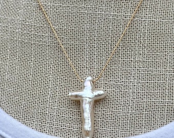 Freshwater Pearl Cross Necklace: Gold Filled or Sterling Silver Chain Cross Jewelry