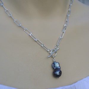 Baroque pearl necklace / paperclip chain necklace / peacock pearl necklace / chunky silver necklace / sterling silver necklace
